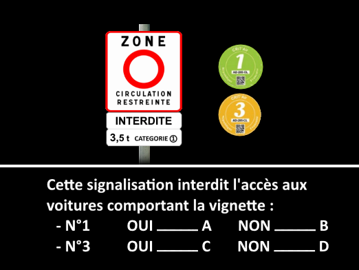 Question tests examen code de la route 2016 exemple 11 (zone circulation restreinte ; vignette écologique)